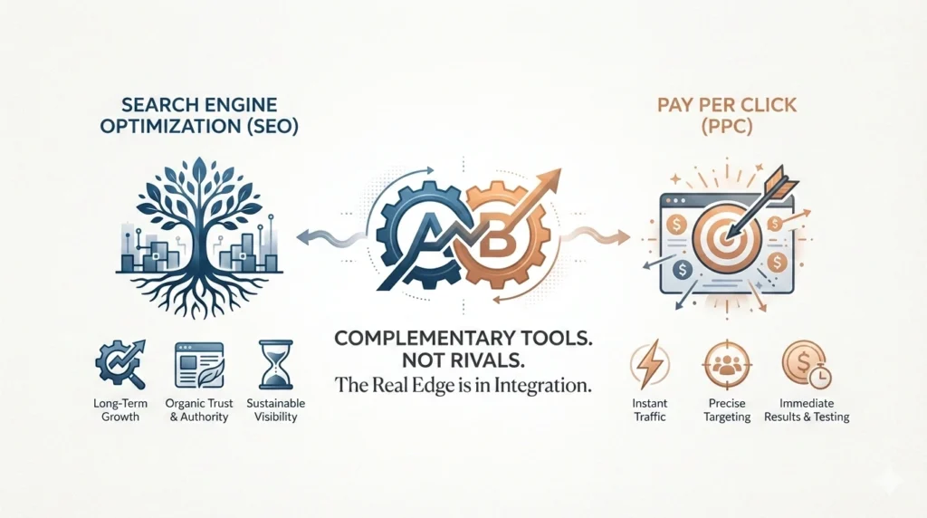Illustration comparing search engine optimization and pay per click, showing SEO as long-term organic growth and PPC as instant paid traffic, presented as complementary digital marketing tools.