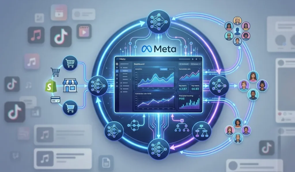 Meta Ads strategy diagram for Shopify stores illustrating ecommerce ads strategy, audience targeting, pixel data flow, conversion funnel, and performance analytics