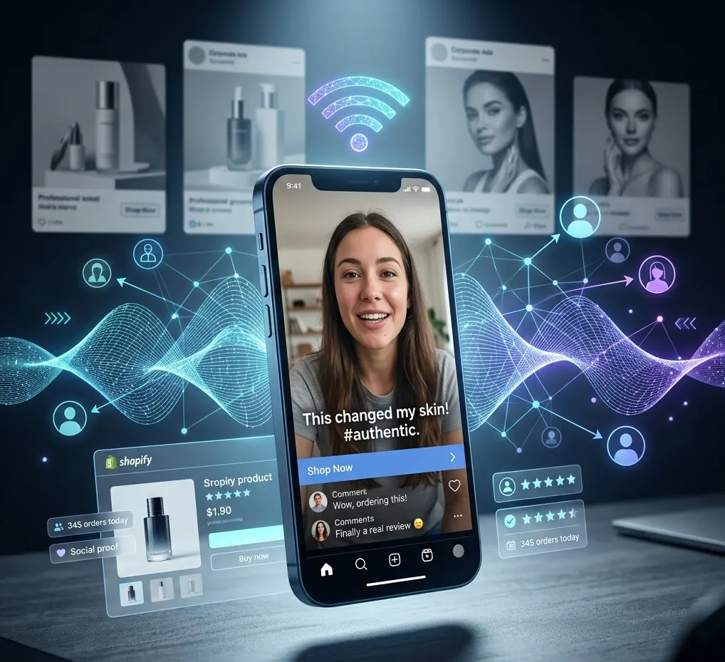 User-generated content Meta ad on smartphone highlighting Shopify product promotion, social proof, influencer content, and ecommerce ads strategy for higher conversions