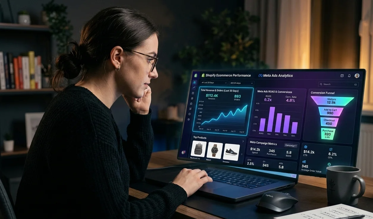Shopify store owner reviewing Meta Ads strategy with analytics dashboard displaying conversions, ROAS, and ecommerce sales performance